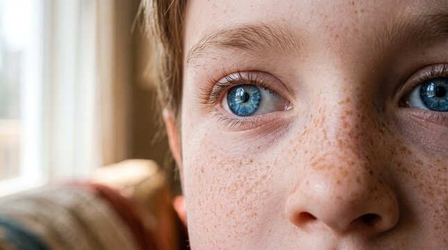Close up of a young child's blue eye and freckled face