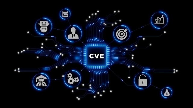 Common Vulnerabilities and Exposures Security Interface with Connected Digital Technology Icons on a Dark Network Background Design