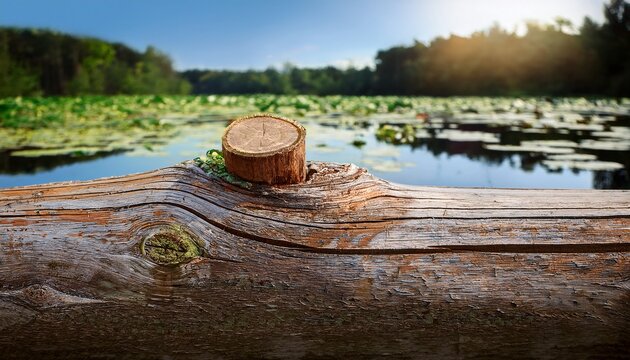 beautiful nature background botany ecology closeup of wooden log in tranquil pond with water lily pads aquatic plants around it floating on surface trees and sky reflection in water