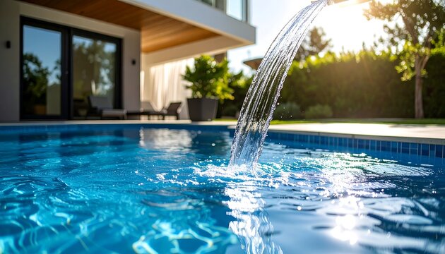Residential backyard swimming pool with waterfall feature.