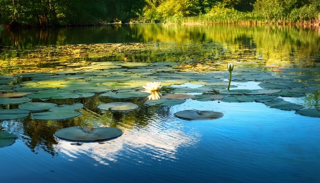 water lily flower and lily pads aquatic plants with round green leaves floating on tranquil idyllic woodland pond water surface reflects trees and sky