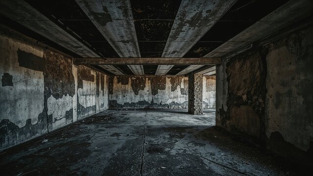 Abandoned concrete parking garage with deteriorated walls and ceiling, dark and empty, showing signs of neglect and decay.