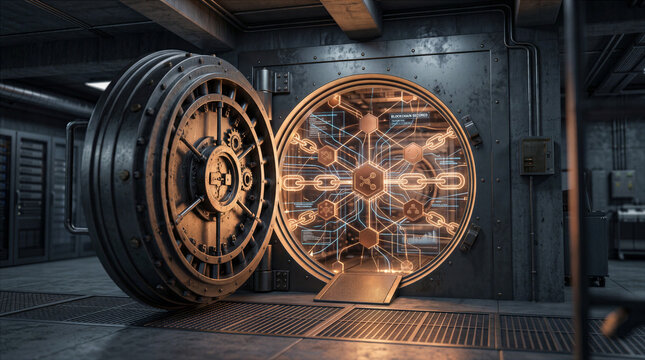 Open futuristic vault door with glowing digital interface and chains
