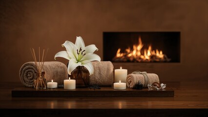 Fototapeta premium Aromatherapy and relaxation setting with towels, candles, and a floral arrangement in front of a fireplace. Spa and wellness concept. The scene of peace and tranquility.
