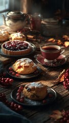Fototapeta premium Rustic Afternoon Tea Table with Fresh Berry Tarts and Scones.