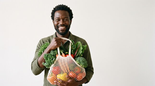 Smiling Black Man Holding a Reusable Bag Full of Fresh Vegetables