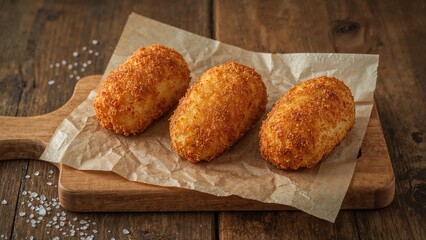 Naklejka premium Three croquettes placed on parchment paper on a wooden board.