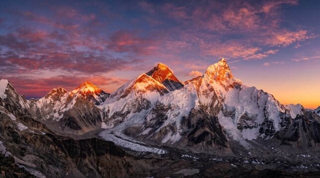 Majestic Mount Everest at sunset. Snow-capped peaks under vibrant sky.