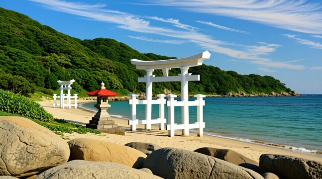 White torii gates stand on sandy beach shore by turquoise sea water. Traditional Japanese shrine architecture sits near ocean under blue sky with thin clouds. Green hills cover coast landscape. Sunny