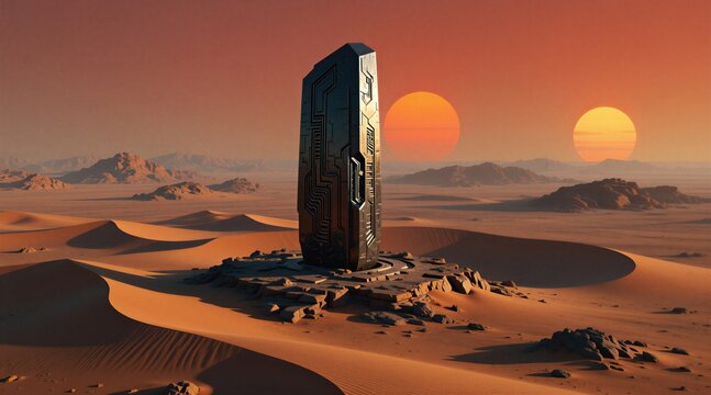 Black metallic monolith stands in vast orange desert on alien planet. Sci-fi structure features circuit patterns under twin suns. Mysterious artifact sits on rocky base amidst sandy dunes. Surreal