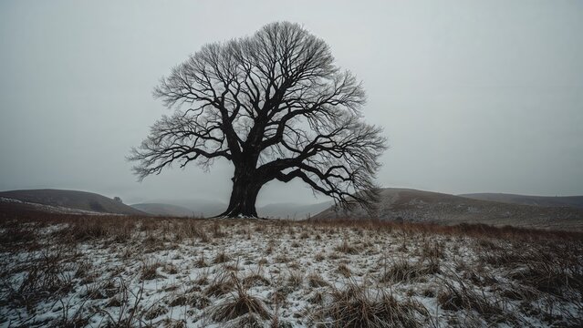 A solitary tree without leaves standing in a snowy field on a cloudy day.
