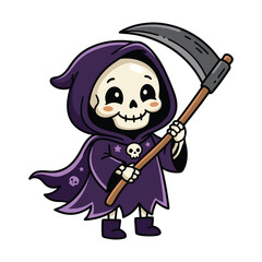Obraz premium Cute cartoon grim reaper character holding a scythe for Halloween celebration.