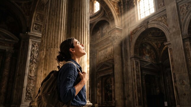Woman looking up in awe at sunbeams in ancient cathedral interior