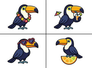 Naklejka premium Vector Set of Cute Tropical Toucan Bird Characters Enjoying Summer Vacation with Summer Accessories and Citrus Fruit Slices