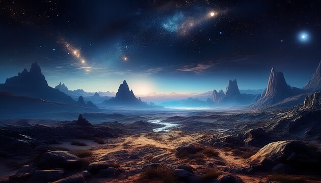 alien landscape dark starry sky and rocky muted terrain
