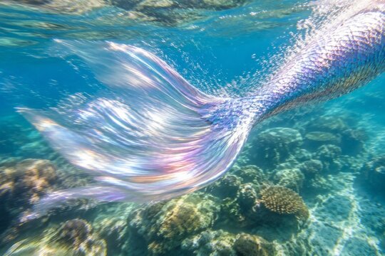 Shimmering iridescent fish tail moving through sunlit ocean water above a coral reef.
