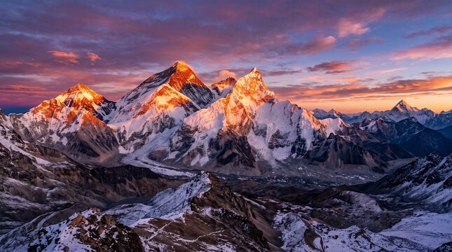 Majestic Mount Everest at sunset. Snow-capped peaks under colorful sky