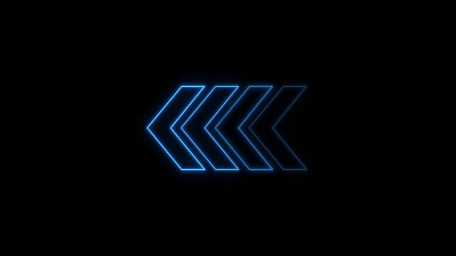 Neon blue glowing arrows pointing left, animated directional signage for digital interface