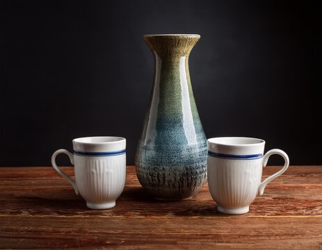 ceramic vase flanked by two cups on a rustic wooden table dark background