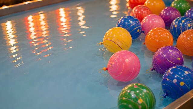 colorful yo yo water balloons floating at a Japanese summer festival