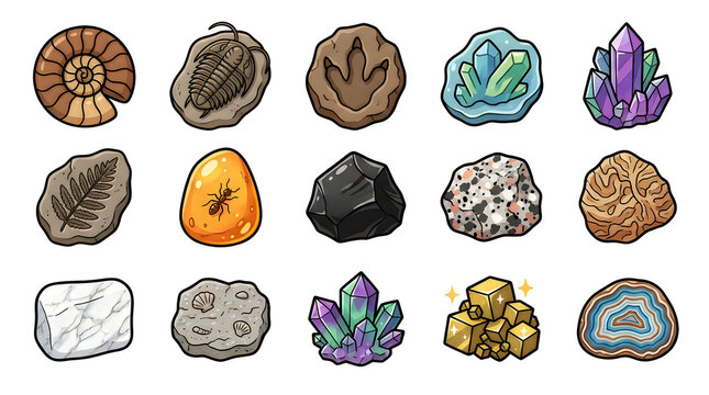 Set of colorful hand drawn geological rocks fossils and crystals icons