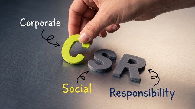 Corporate Social Responsibility concept with CSR letters, hand placing green letter C for sustainable business strategy, ethical company values