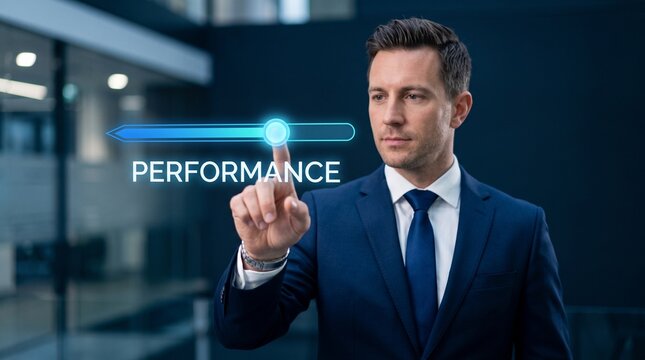 Performance optimization concept with businessman touching digital slider, business growth and efficiency management, corporate success and data analysis