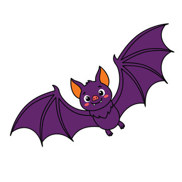 Cute cartoon purple bat flying with open wings isolated on white background.
