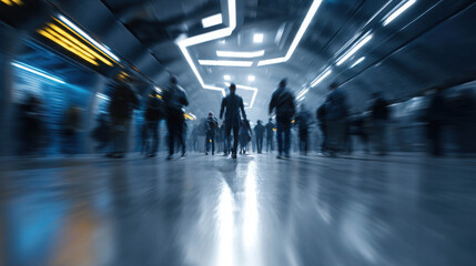 Fototapeta premium A blurred motion shot of people walking in a modern, futuristic tunnel with bright lights. The atmosphere is dynamic and conveys a sense of movement and urban life