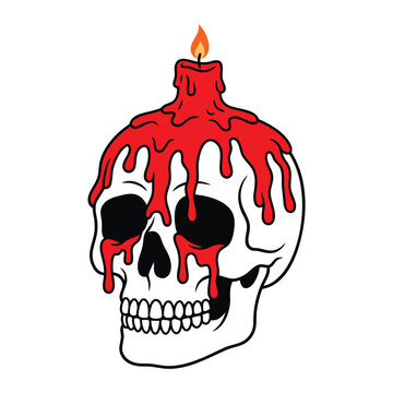 Illustration of a human skull with red melting wax candle on top.