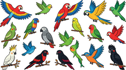 Cute tropical parrot cartoon character vector set with colorful exotic birds like macaw cockatoo parakeet lovebird and african grey isolated on white background © Mifta