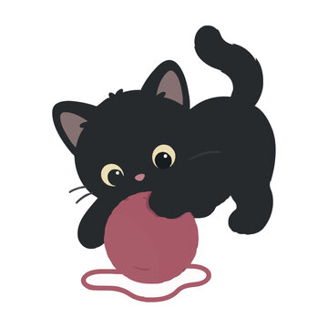 A charming flat vector illustration of a cute little black kitten playfully batting at a ball of pink yarn, capturing a whimsical and heartwarming moment in a clean, simple, and colorful graphic