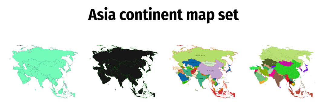 Set of maps of the Asian continent with political borders and country divisions in different styles, vector illustration. Four different maps in different colors, isolated on transparent background