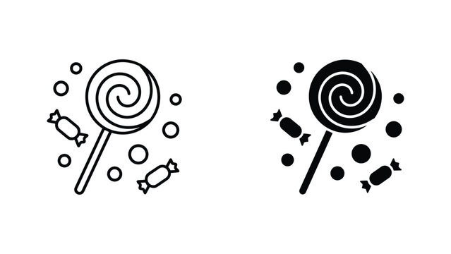 Spiral lollipop and assorted wrapped candies in minimalist flat vector design style