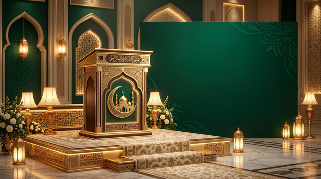 Elegant Islamic podium with mosque architecture design in a luxurious green and gold interior.