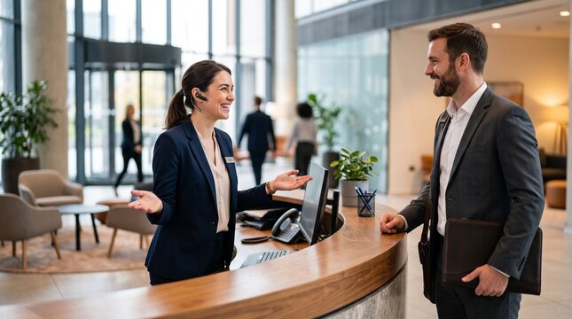 Friendly female receptionist with a headset assisting a smiling male guest at a modern office lobby reception desk.