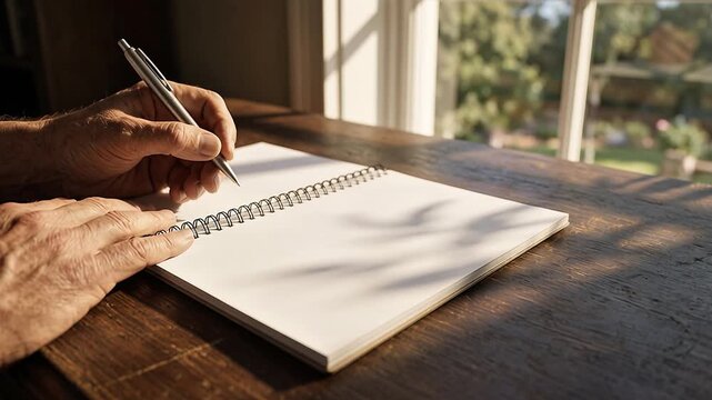 Cinematic Hands Writing in Blank Notebook by Sunny Window with Copy Space
