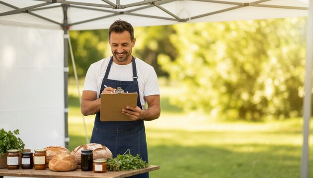 Man checks items on a list at a market stand with bread and jars in a green park during the daytime