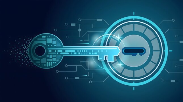 System authorization interface showing digital circuit key moving towards secure lock slot representing software access