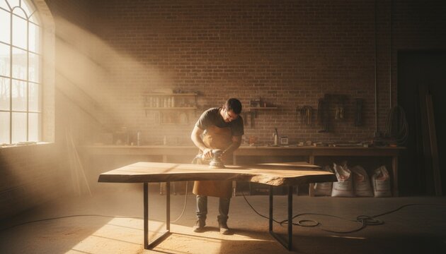 Man works with a woodworking tool in a shop during the day with sunlight shining through the window