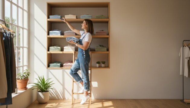 Woman arranging folded clothes on a shelf in a clothing store during daylight hours