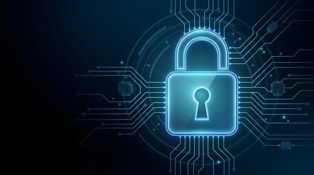 Cybersecurity glowing blue padlock with circuit board lines representing digital data protection and network privacy