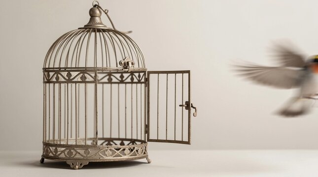 Bird flies away from an open cage in a room with plain walls and natural light