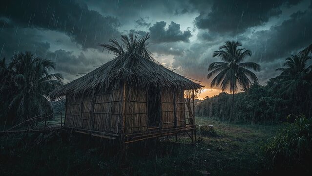 A rustic hut made of natural materials amid tropical palm trees under dark, stormy skies during dusk or dawn.