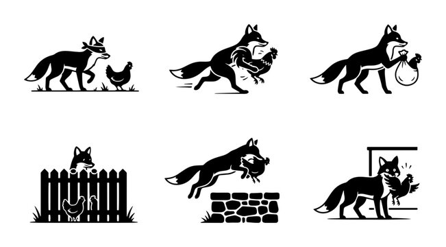 70 Fox and Chicken Story Icons, Black and White Vector Illustrations, Farm Animal Fables, Woodland Creatures Narrative Set 100