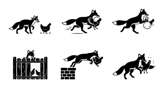 70 Fox and Chicken Story Icons, Farm Animal Fables, Woodland Creature Narrative Set, Black and White Vector Graphics 100