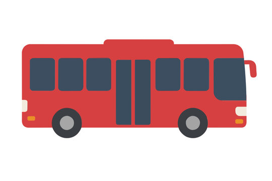 A side view flat vector illustration of a red city bus with dark windows and wheels representing public transportation and urban travel in a simple colorful style