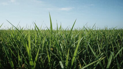 Obraz premium A field of tall green grass under a blue sky with some clouds.