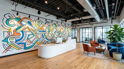 Fototapeta premium Modern corporate office reception area with large abstract colorful mural and comfortable waiting lounge furniture