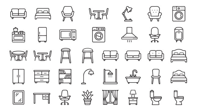 Minimalist furniture line icons, 42 home interior vector symbols, modern household appliance and decor outline set for floor plans